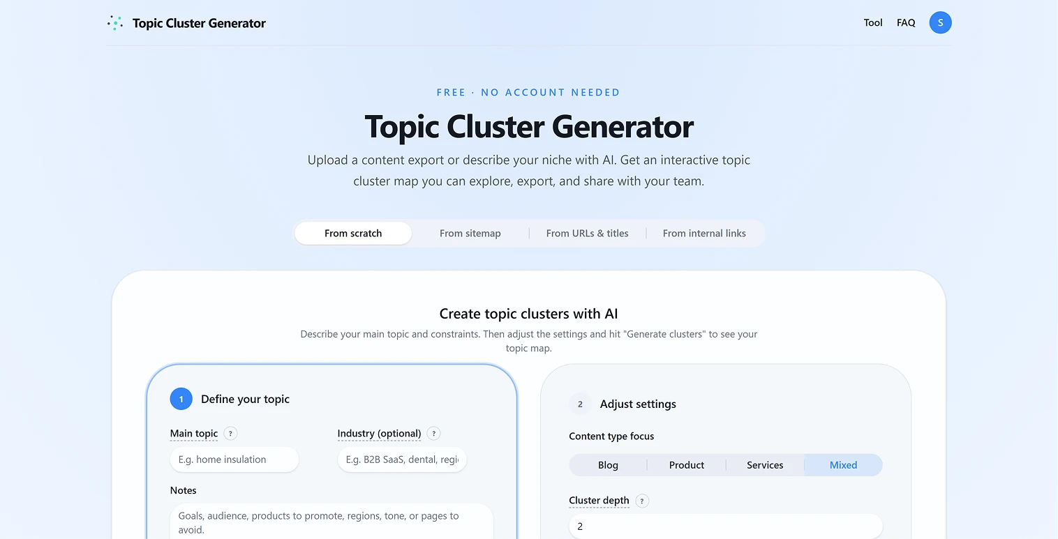 Topic Cluster Generator homepage preview